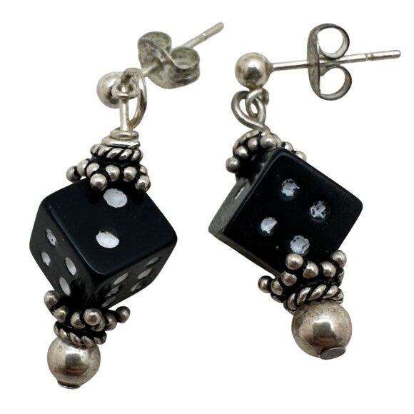 Playful Mini Black Dice Shaped Dangle Earrings Las Vegas Motif Casino Vacation - Picture 1 of 3
